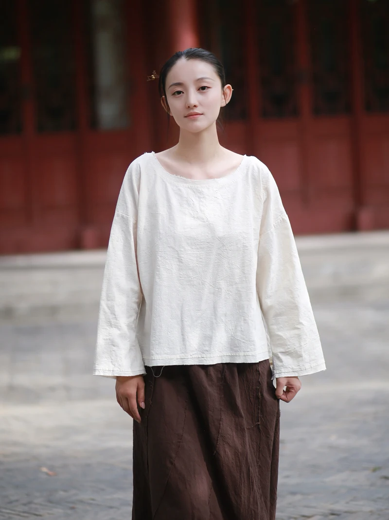 White Cotton Linen round Neck Shirt Zen Style Traditional Chinese New Fashion Women's Autumn Winter New Style Shirt Set