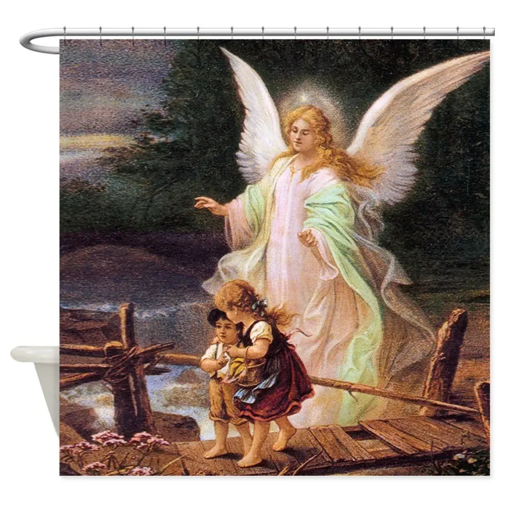 Guardian Angel with Children On Bridge Decorative Fabric Shower Curtain