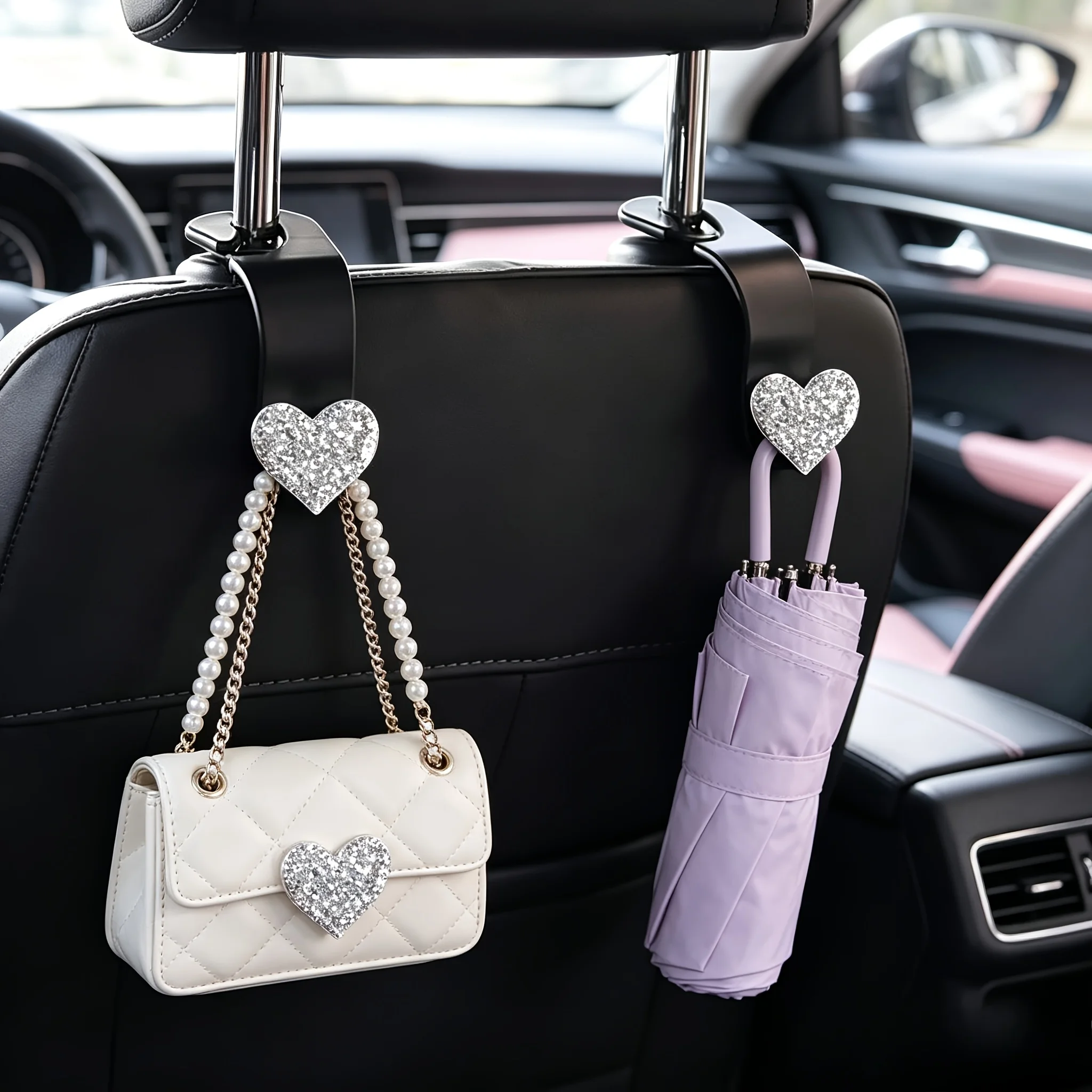 2Pcs Rhinestone Heart‑Shaped Car Headrest Hooks, Sparkly Storage Hanger for Handbag, Purse, Hat, Cute Women Car Interior Decor