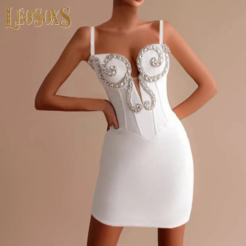 LEOSOXS 2025 mujeres celebridad Sexy sin mangas espalda descubierta diamante blanco Mini ceñido al cuerpo vendaje vestido elegante traje de fiesta y Club nocturno