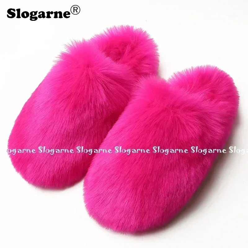 Ladies Winter Faux Raccoon Fur Slippers Women Warm Fur Slides Girls Luxury Furry Faux Fox Fur Slippers Home Outdoor Cotton Shoes