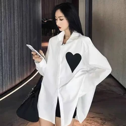 Korean Love Printing Shirt Top Women's Spring Summer New Long Sleeve Polo Neck Loose Y2K Casual Blouse Vintage Fashion Clothing