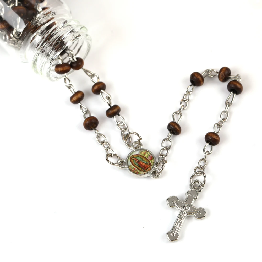 12 Pcs Baptism Rosary Bottle Our Lady of Guadalupe Mini Rose Scented Wood Rosaries Recuerdos de Bautizo First Communion Party Favor For Boy Girl