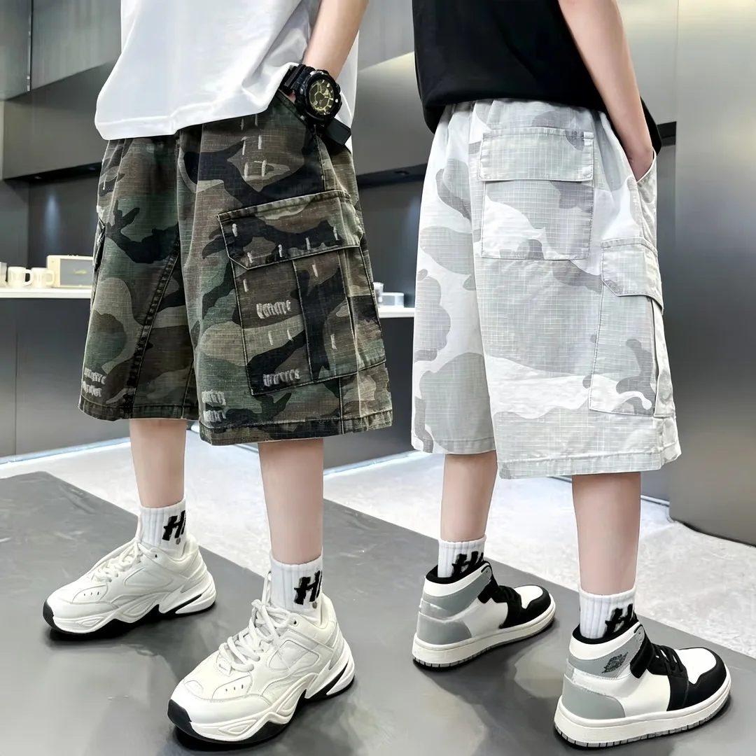 2026 Summer Boys Loose Thin Shorts Kids High Street Trend Casual Sports Shorts Quick Drying Breathable Black Khaki Cargo Pants