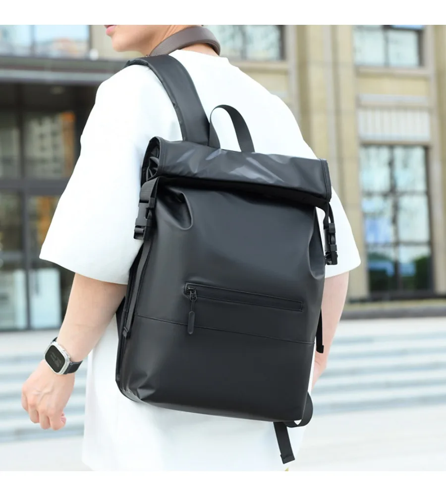 Black And Gray Roll Top Laptop Backpack 15.6 Inch Notebook Bag Oxford Cloth Water Resistant Business Rucksack