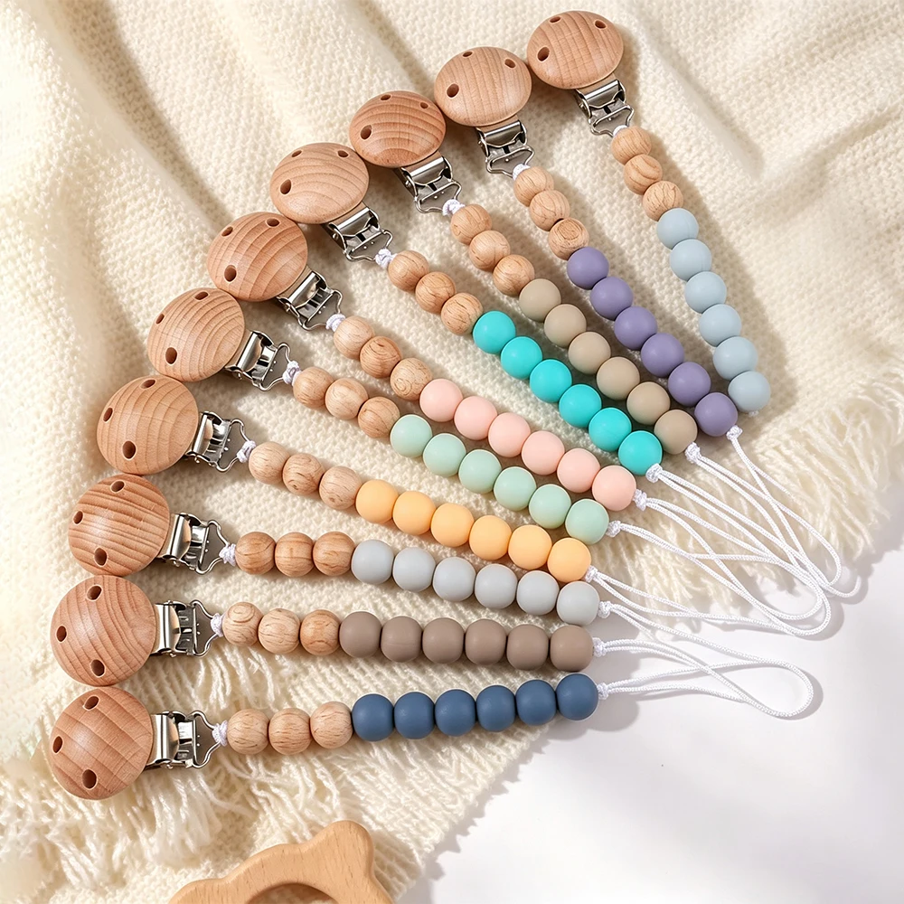 Baby Pacifier Clip Wooden Dummy Chain Holder Teether Toys Anti-Lost Clips Soother Silicone Beads Beech Wood  Newborn Shower Gift