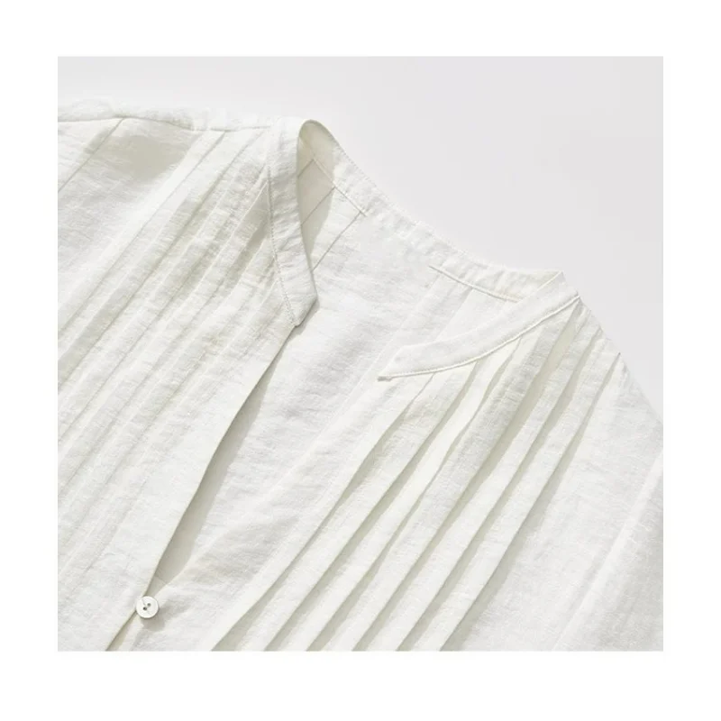 Spring Pleated V-neck Shirts Women Loose Niche Blouses Light Thin Cardigan Jacket Literary Retro Clothing White Linen Gray Tops