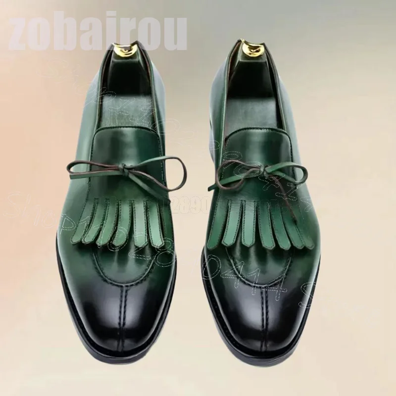 

Green Gradient Color Bow Knot Tassels Loafers Fashion Slip On Men Shoes Luxurious Handmade Party Banquet Dating Men Dress Shoes