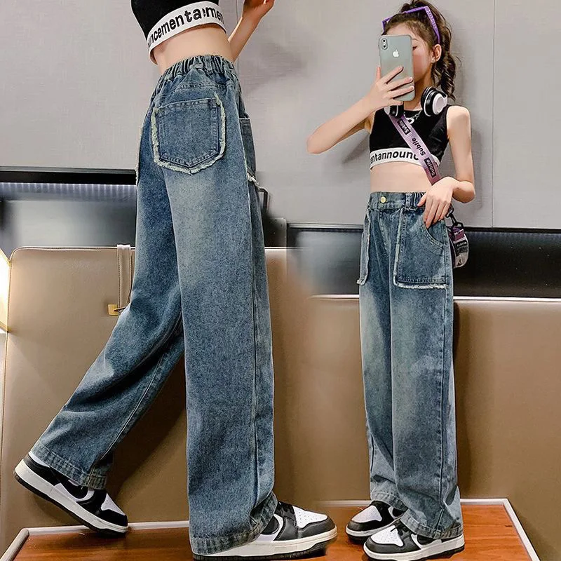 Spring Summer Teenager Girls Denim Wide Leg Pants Children Trousers Casual Baby Girls Jeans 4 6 8 10 11 12 13 Years Kids Clothes