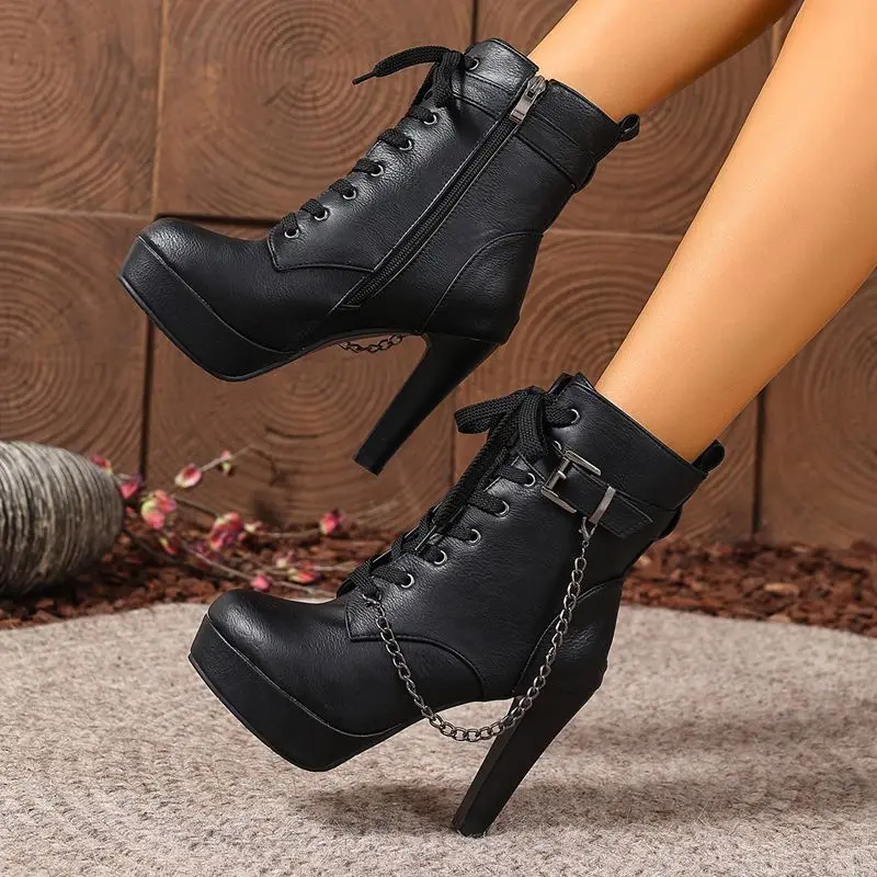 Girseaby 2025 Fashion Ladies Ankle Booties Round Toe Tall Heel 10.5cm Platform Zip Lace Belt Fastener Metallic Chain 41 42 43