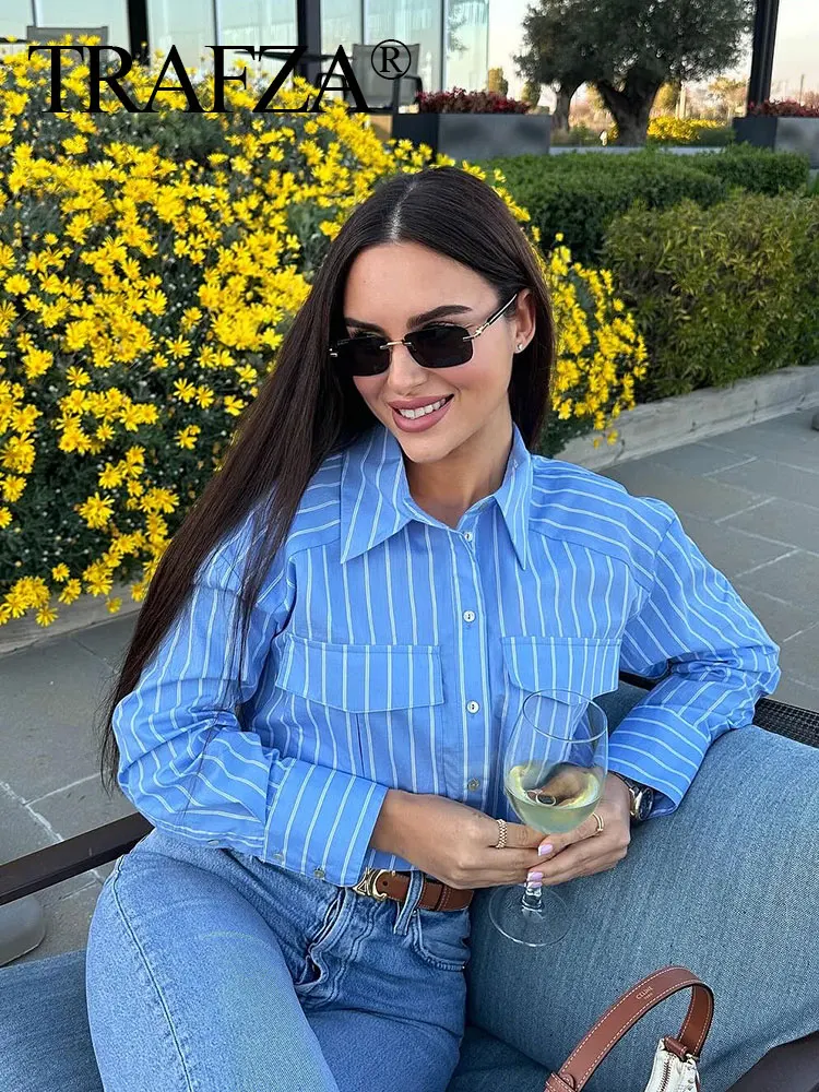 TRAFZA 2024 Summer Causal Striped Blouse For Women Long Sleeve Lapel With Front Pocket Single Breasted Shirt Elegant Cropped Top