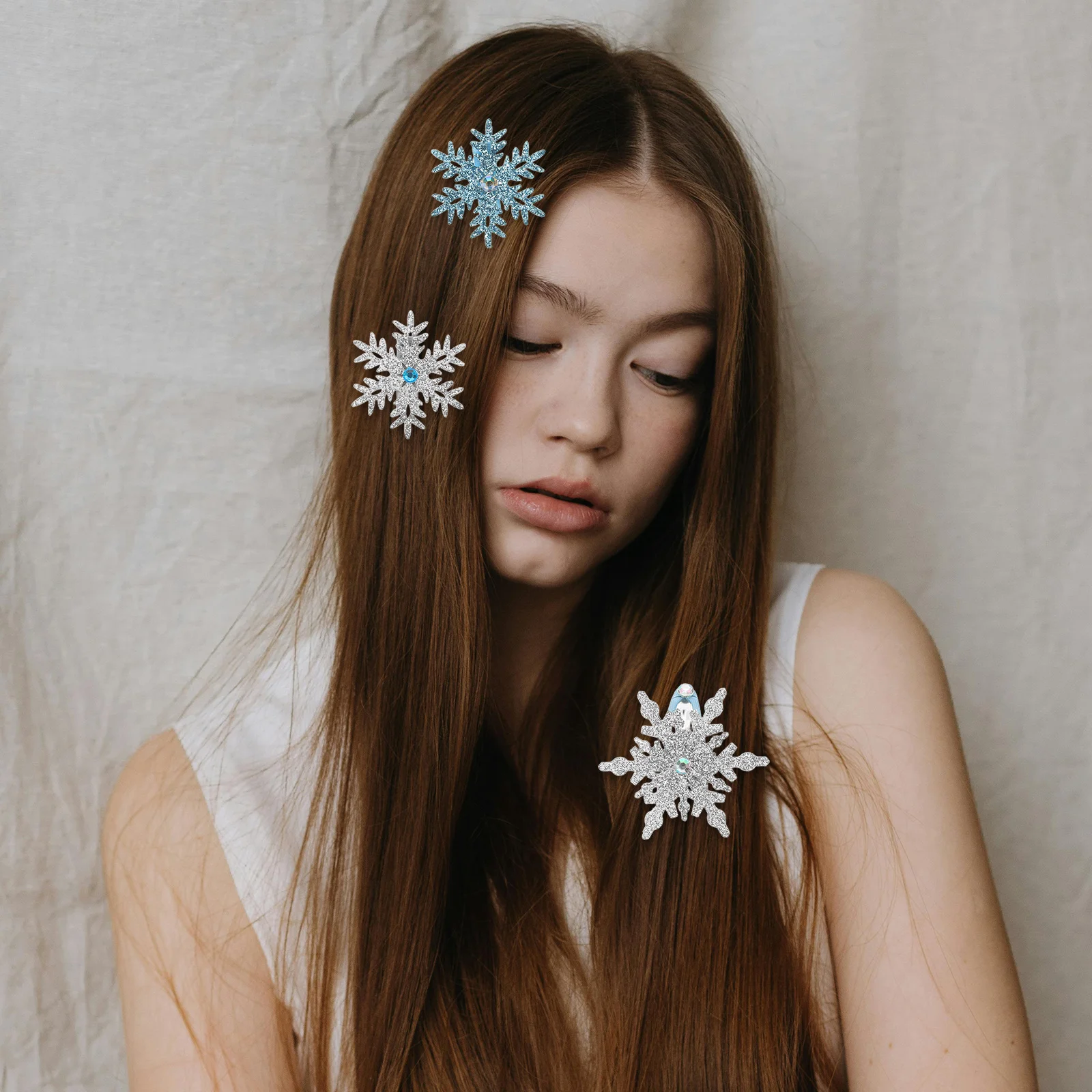 

15pcs Snowflake Hair Clips Silver Blue Rhinestone Metal Barrettes Non-Slip Holiday Party Hair Accessories - Christmas Stocking