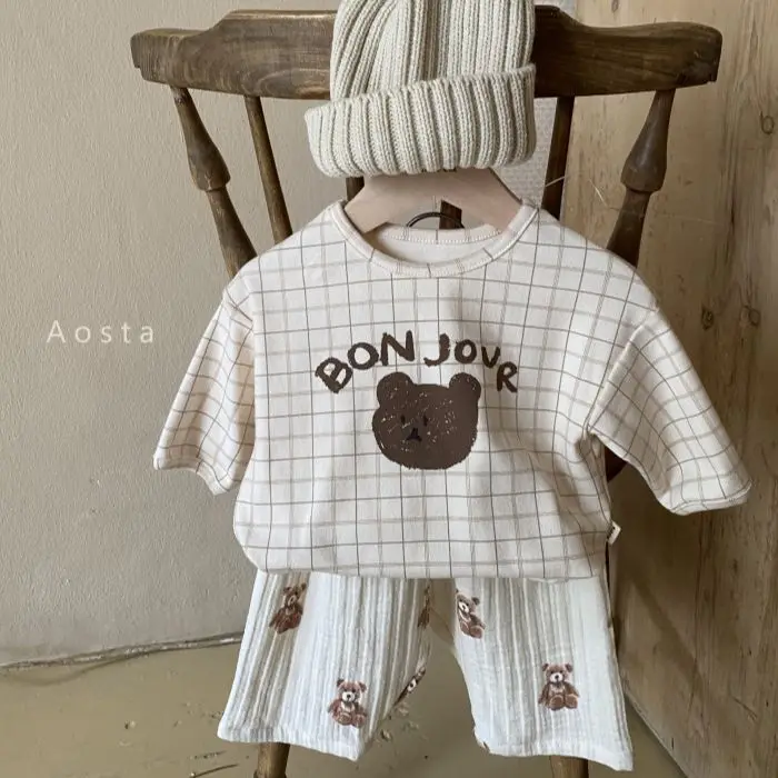 2024 Herfst Nieuwe Baby Lange Mouw T-Shirts Jongens Meisjes Cartoon Print Casual Pullover Baby Geruite Veelzijdige Onderkant Shirt Tops