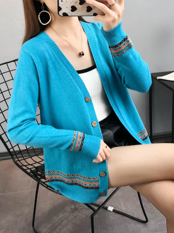 Trendy Women's Knitted Outerwear Spring Autumn Long Sleeve V-Neck Color Block Ethnic Style Sweater Cardigan Commute Style Loo...