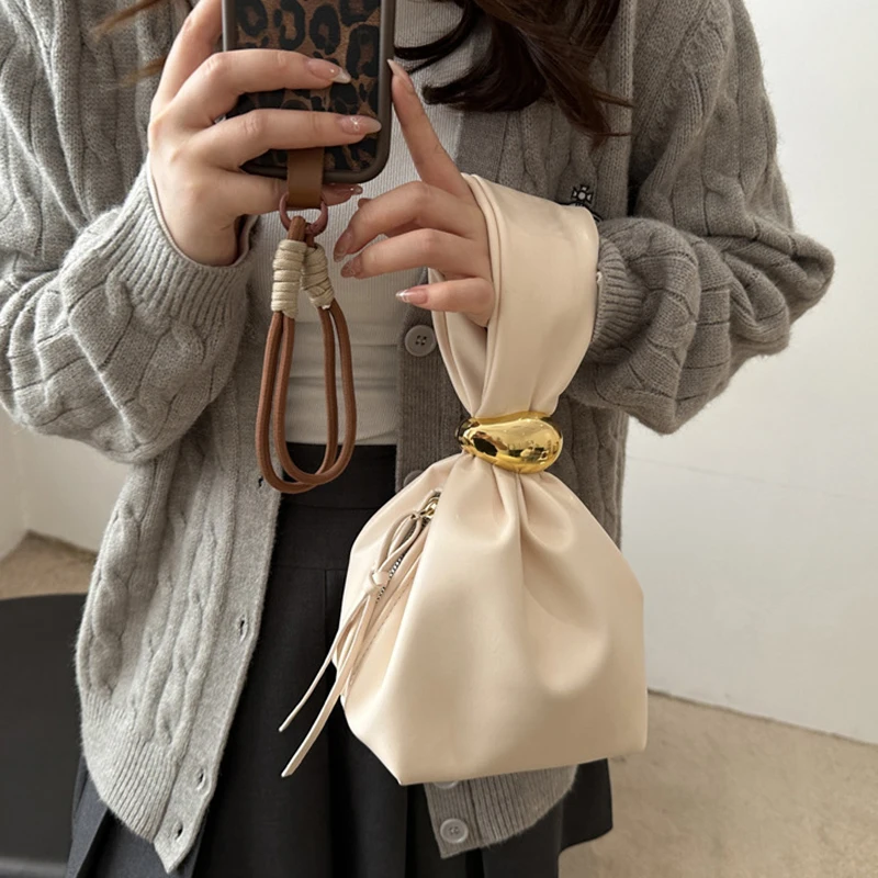 Personalised PU Soft Leather Clutch Vintage Luxury Designer Women's Pleated Mini Bucket Bag Side Zip Party Evening Bag