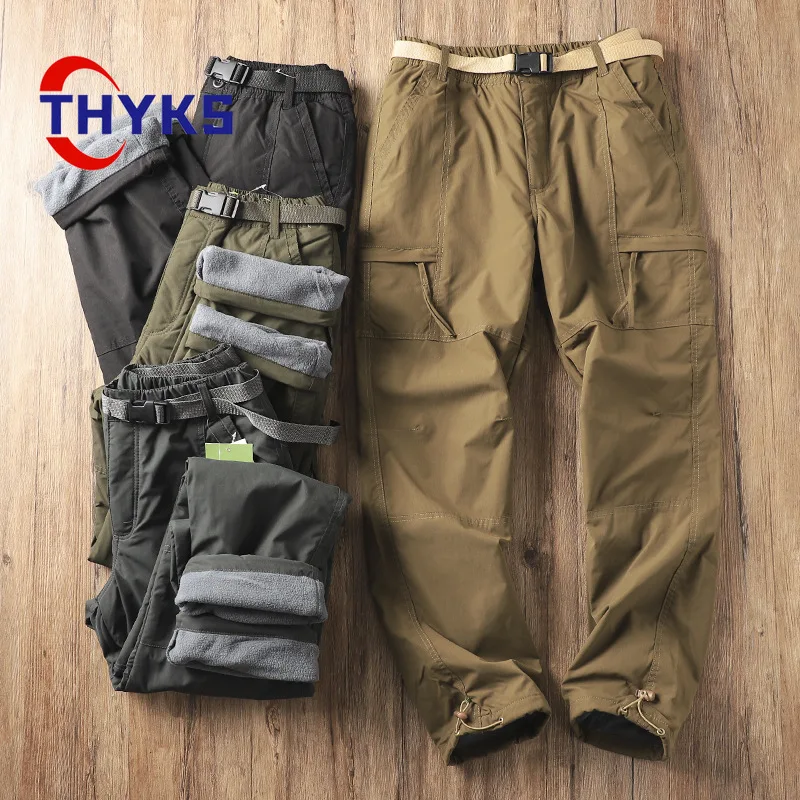 

Men's Cargo Pants Plush Lining Warmth Waterproof Outdoor Cycling Long Pant Buckle Hiking Mountaineering Workwear Casual Trousers