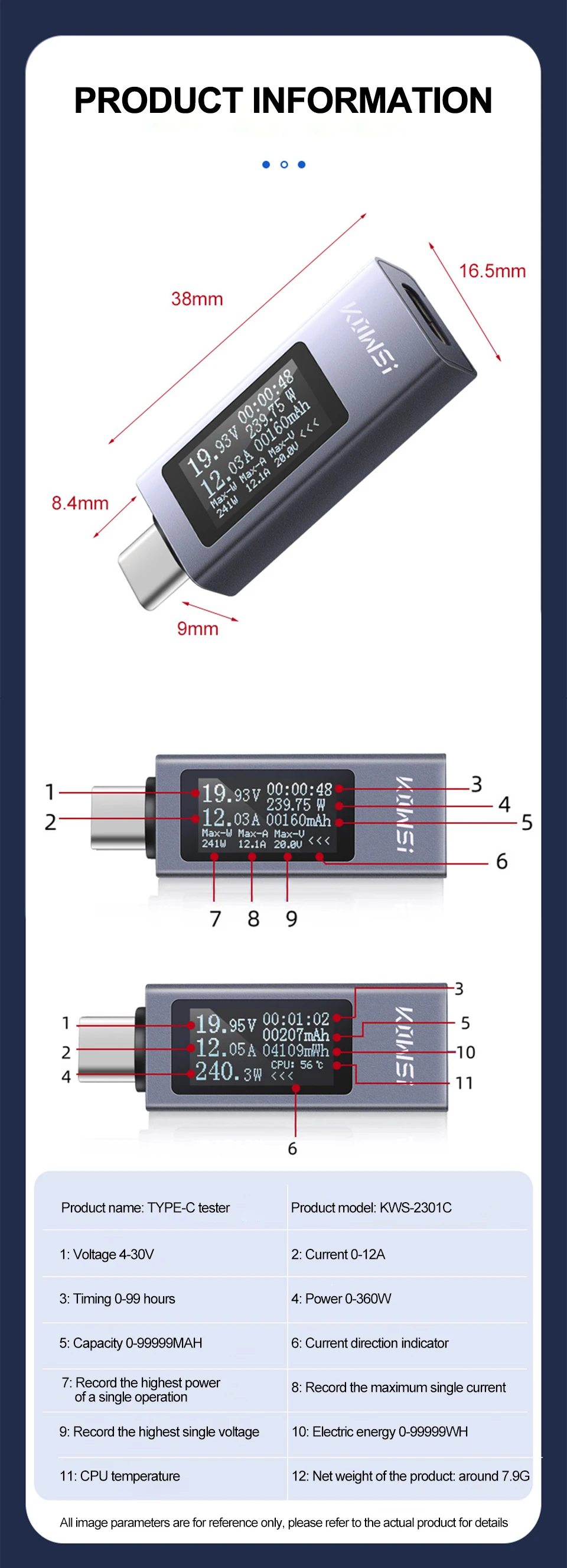 KWS-X1 4V-30V 12A Typ-C Tester Voltmeter Amperemeter TYPE-C Schnellladungserkennung Auslöser Kapazitätsmessung Rippelmessung – Detail 24