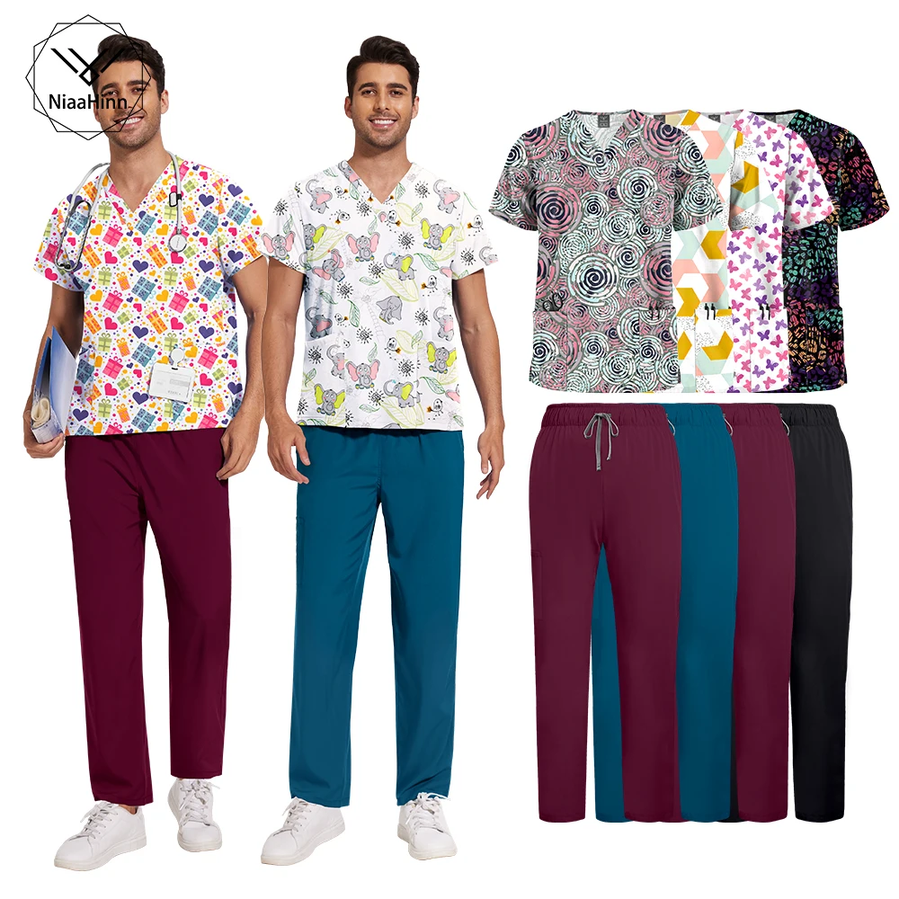 Drukowany elastyczny zestaw medyczny z wzorem kreskówkowym, uniform roboczy dla pielęgniarek, unisex, męski, damski, fartuch chirurgiczny, artykuły pielęgniarskie, strój dentystyczny.