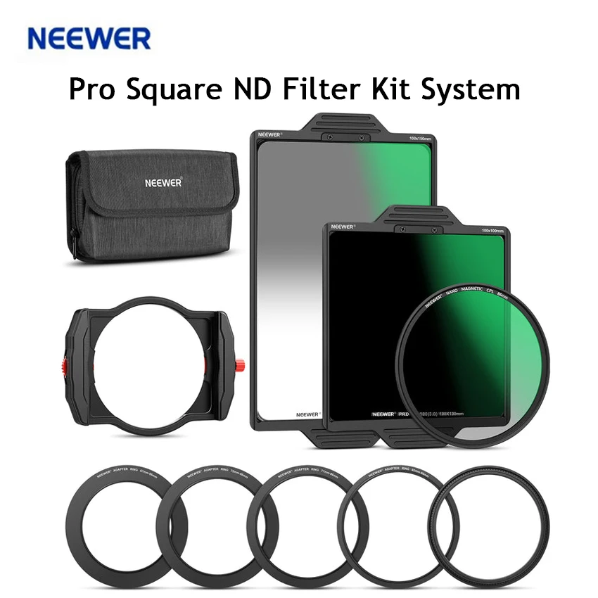 NEEWER Pro Square ND Filter Kit System with 100mm Metal Magnetic Filter Holder Square Soft GND8/ND1000, 4 Adapter Rings