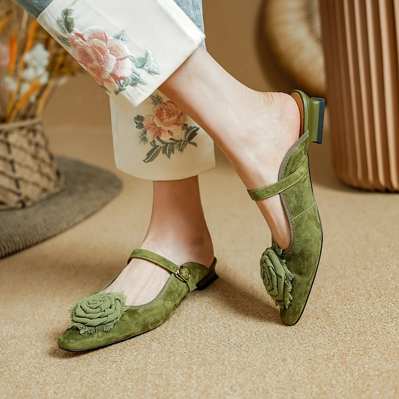 2024 NEW Summer Mules Women Sandals Shoes for Women Square Toe Low Heel Women Slippers Cover Toe Slingback Green Sandals