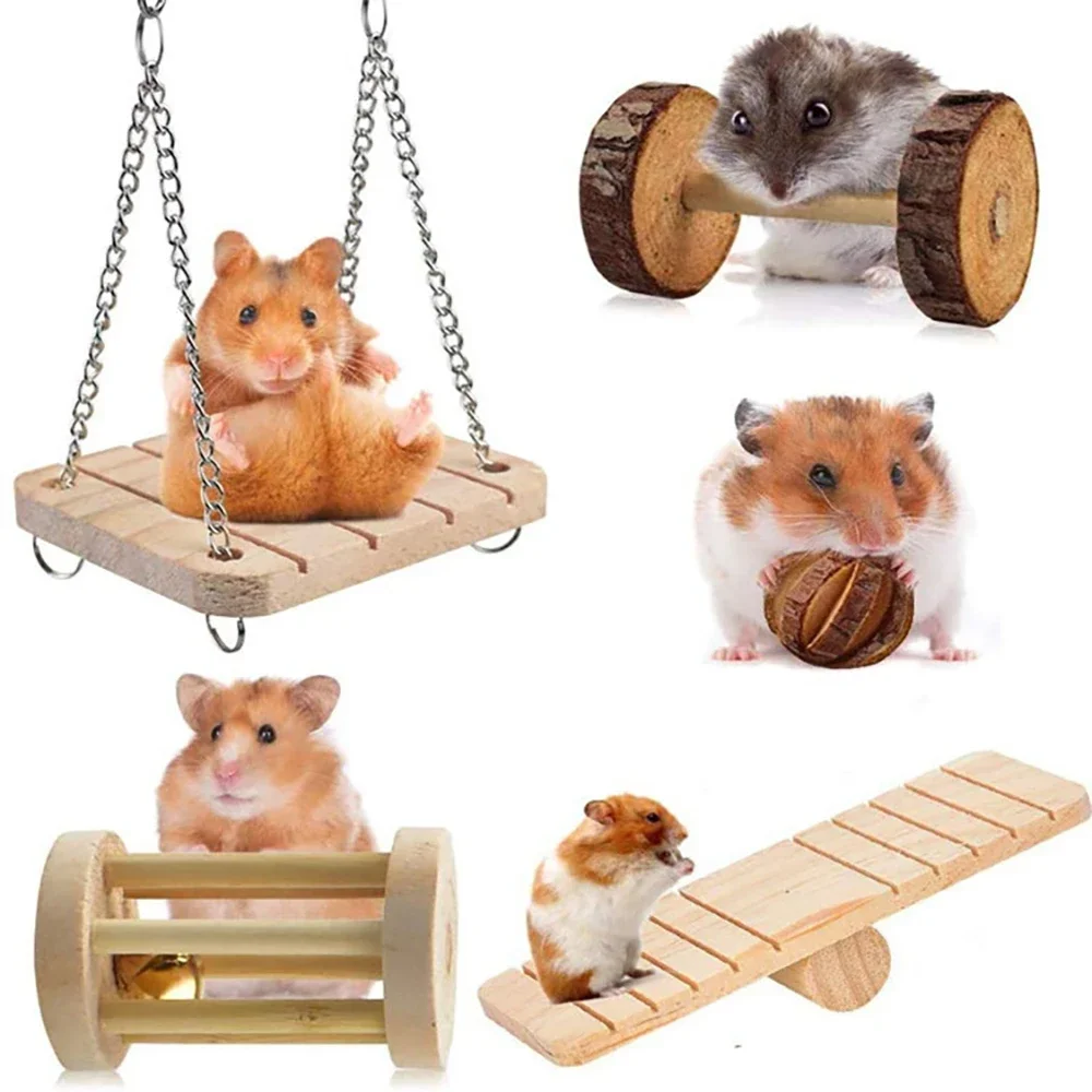 Cute Hamster Roller Toys Natural Wooden Pine Dumbells Unicycle Bell Chew Toys for Rabbit Guinea Pigs Small Pet Molars Supplies