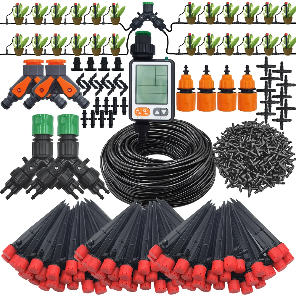 Drip Irrigation System 1/4'' Hose Adjustable 13CM Sprinkler Kit 4-Way Micro Watering Flow for Garden Flowers Vegetables