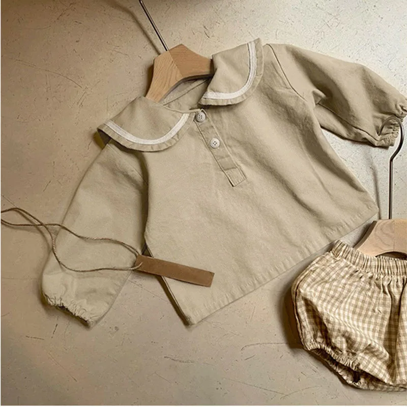 Korean Style Spring Autumn Newborn Baby Boys Girls Clothing Set Long Sleeve Shirt+Plaid PP Shorts Toddler Baby Girl Clothes Suit