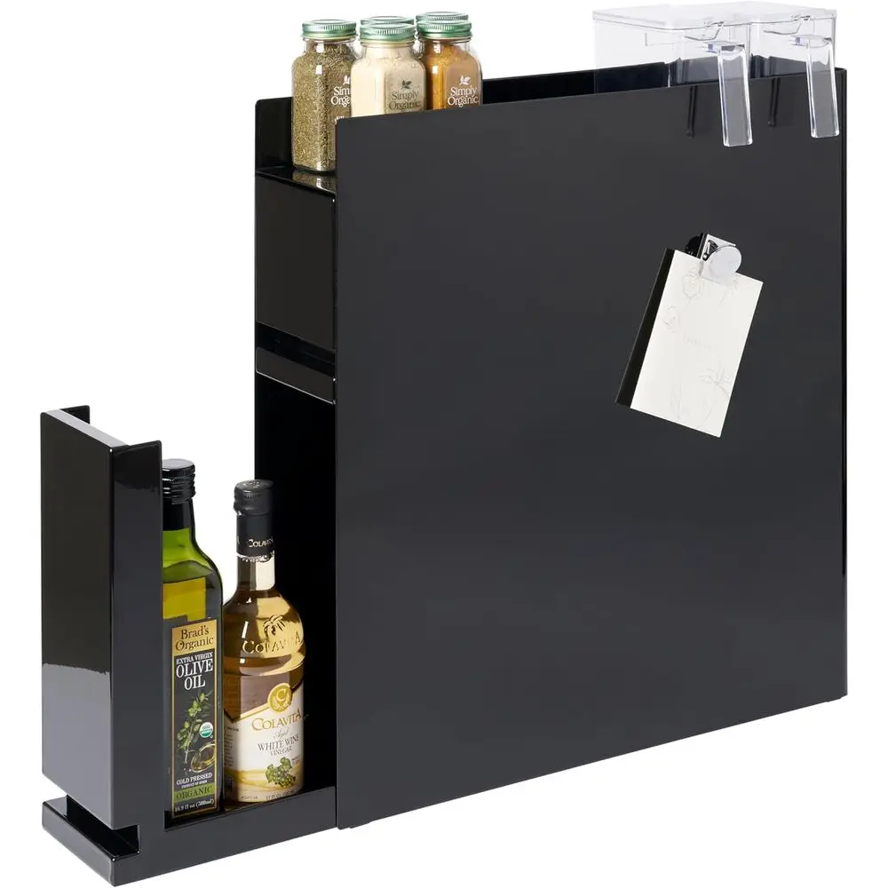 

Double-Tier Sliding Spice Rack by YAMAZAKI Home - Stainless Steel Kitchen Organizer with Magnetic Panel, Sleek Black Design for