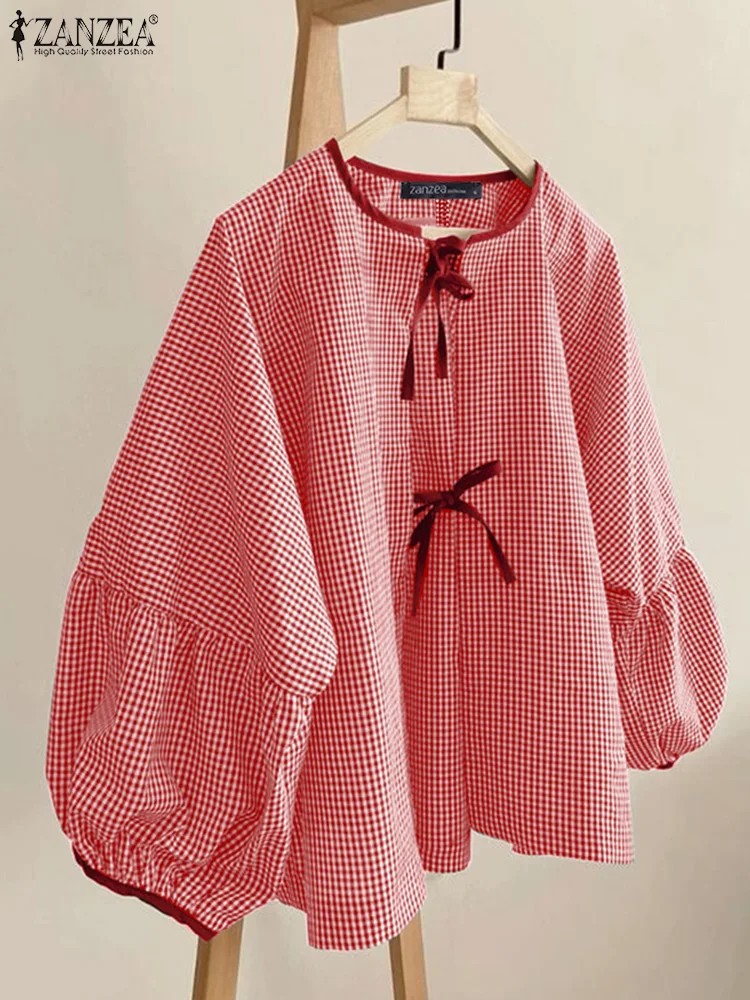 ZANZEA المرأة منقوشة بلوزة مطبوعة أزياء من الدانتل حتى قمصان عطلة سويتي س الرقبة طويلة الأكمام بلايز عادية الخريف 2024 ربطة القوس فيونكة الستر #1