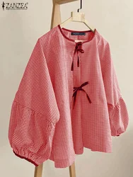ZANZEA Women Plaid Printed Blouse Fashion Lace Up Shirts Holiday Sweety O-neck Long Sleeve Tops Casual Autumn 2024 Bowtie Tunics