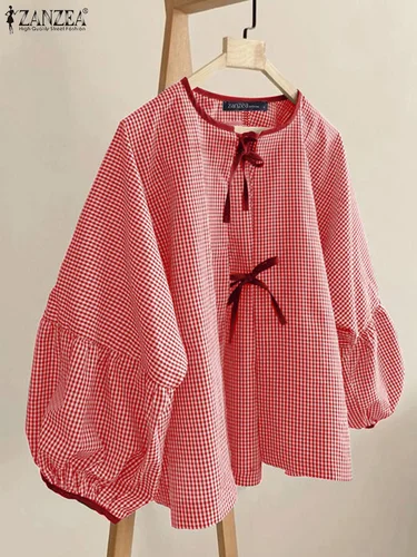 ZANZEA-Blusa con estampado de cuadros para mujer, camisas con cordones a la moda, Tops de manga larga con cuello redondo, túnicas informales con pajarita para otoño 2024