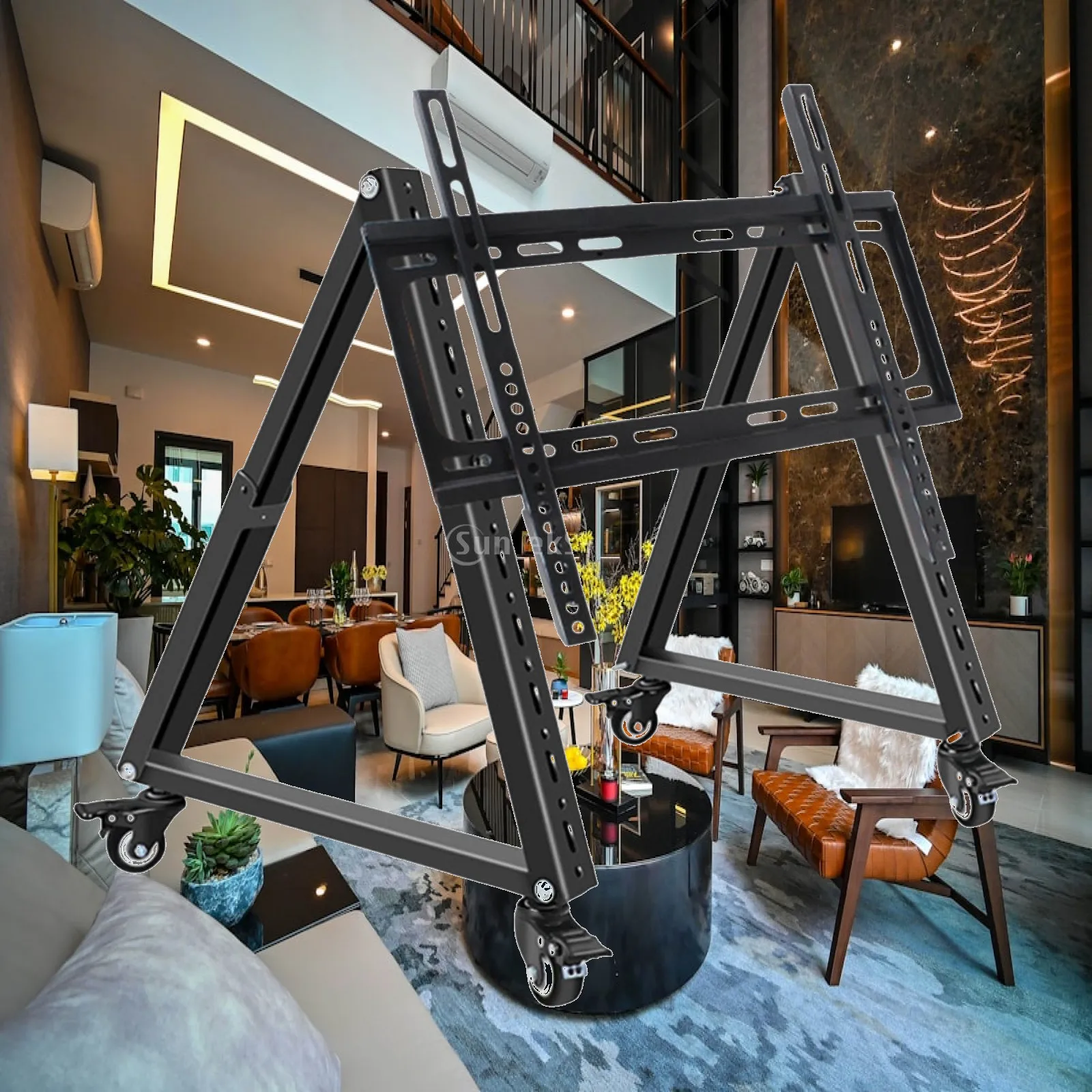 低床型モバイルtvスタンド-スチール製多機能アクセサリー-最大75kg-耐荷重-三角形-キャスター付き-モバイルtvマウントスタンド-会議-家庭用