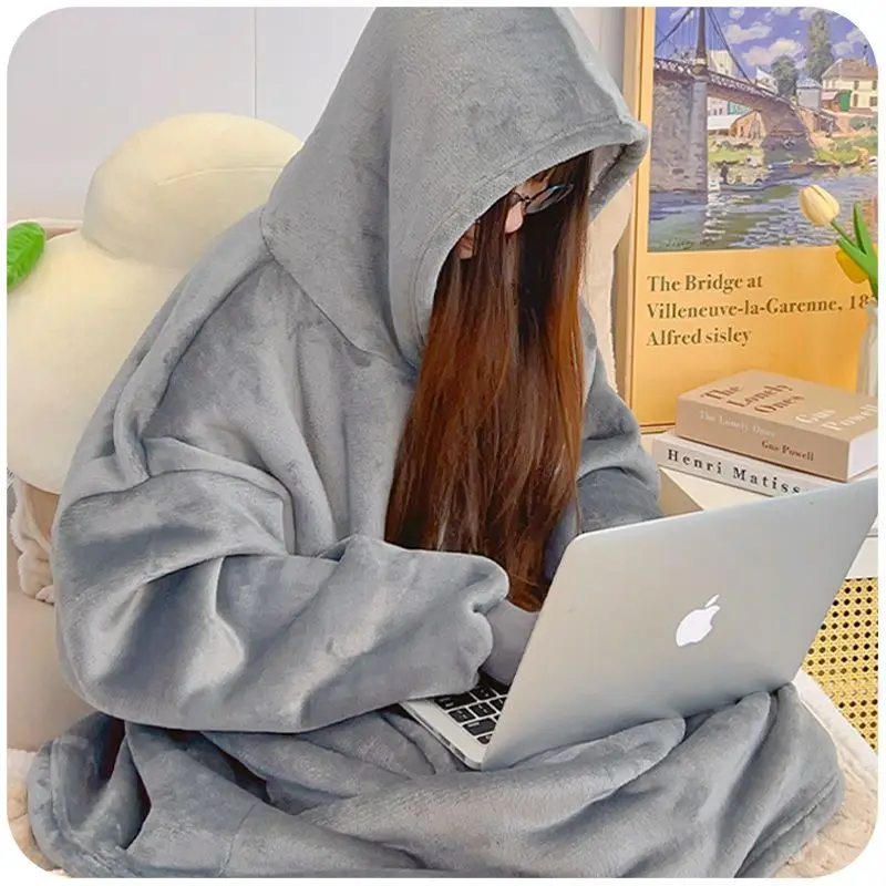 Korea Winter Oversized Hoodies Women Fleece Warm TV Blanket with Sleeves Pocket Flannel Plush Thick Sherpa Giant Hoody Long