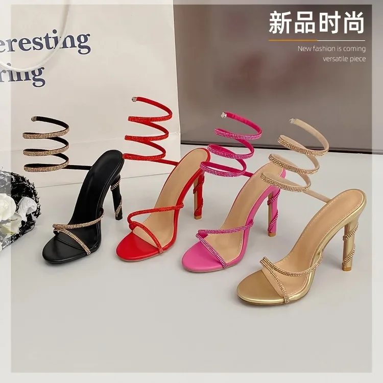 Quality Fashion 11CM/3.95inch Heel Bling Diamond Woman Sandals High Heels Rhinestone Shinning Spiral Strap Party Prom Shoes