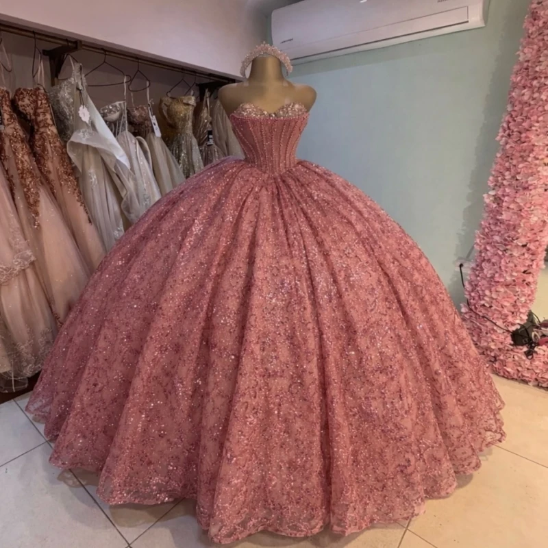 Pink Glitter Quinceanera Dresses Off Shoulder Ball Gown Sweet 16 Dress Sequin Applique Lace Beading Crystal Tull Party Birthday