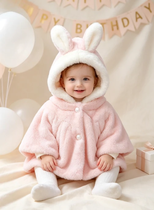 Baby Girl Cute Rabbit Sweet Style Hooded Cloak Winter Plush Ball Jacket Warm Outerwear Infant Coat For Daily Outdoor Casual Wear