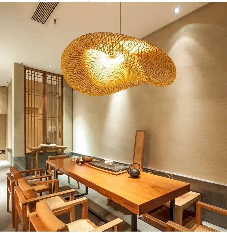 2024 Weaving LED Pendant Light HandMade Vintage Home Hanging Chandelier Lighting Living Room Kitchen Rattan Woven Pendant Lamp image 3