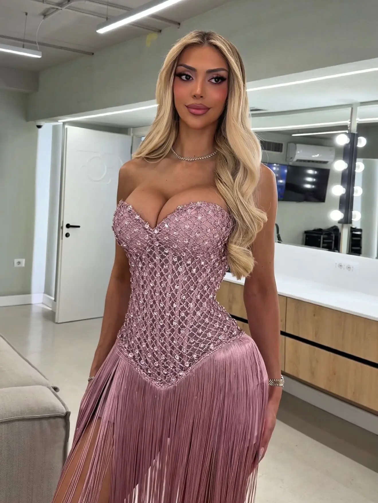 Strapless Lace Maxi Evening Gown Back Corset Lace Up Waist Twist Sheer Overskirt Train With Matching Lace Gloves Formal Dress