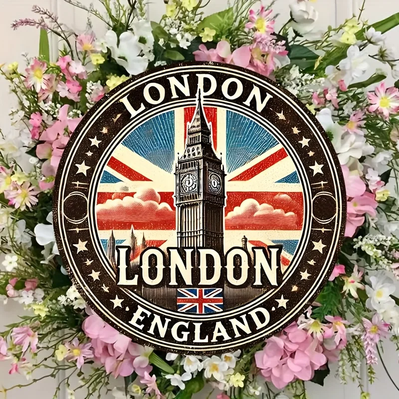 Arte de pared de hierro redondo del Big Ben Landmark de Londres, 8x8 pulgadas, diseño de Jack de Unión vibrante, decoración de aluminio duradera para el hogar, 1 ud.