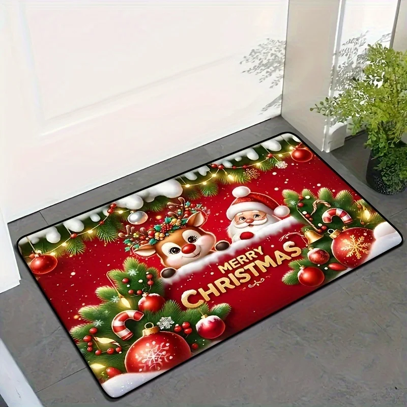 

1pc Christmas Doormat with Santa Claus & Reindeer Design - Durable Crystal Velvet, Fade-Resistant Holiday Floor Mat for Home Dec