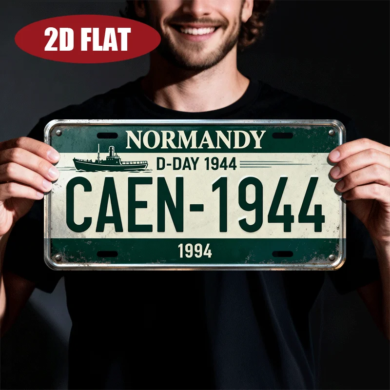2D Flat, 1pc Vintage Normandy D-Day 1944 Caen License Plate Aluminum License Plate solely for Decoration, 30.48X15.24 Cm 2D F