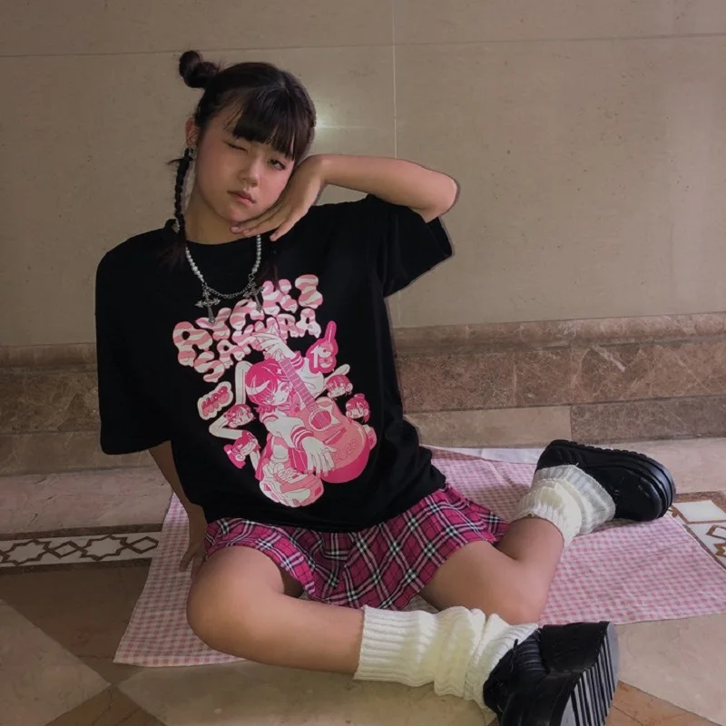 Y2k E-Girl Cartoon Anime Print Round Neck Loose Casual T-Shirt Women Summer Personalized Cool Short Sleeve Tee Casual Sport Tops