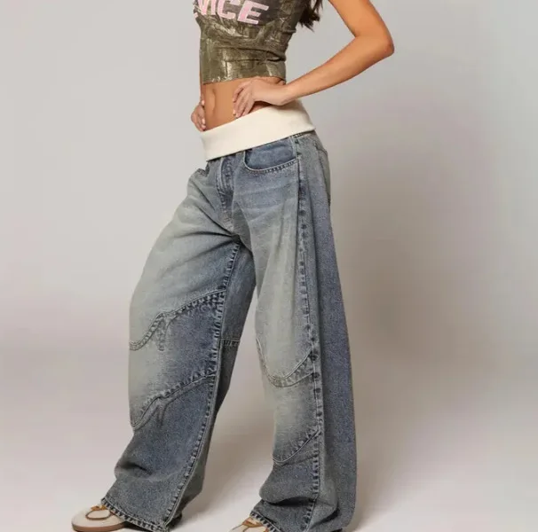 Women's Retro Light Wash Baggy Jeans Deconstructed Patchwork Design, Balloon Fit, High Waisted Streetwear Denim