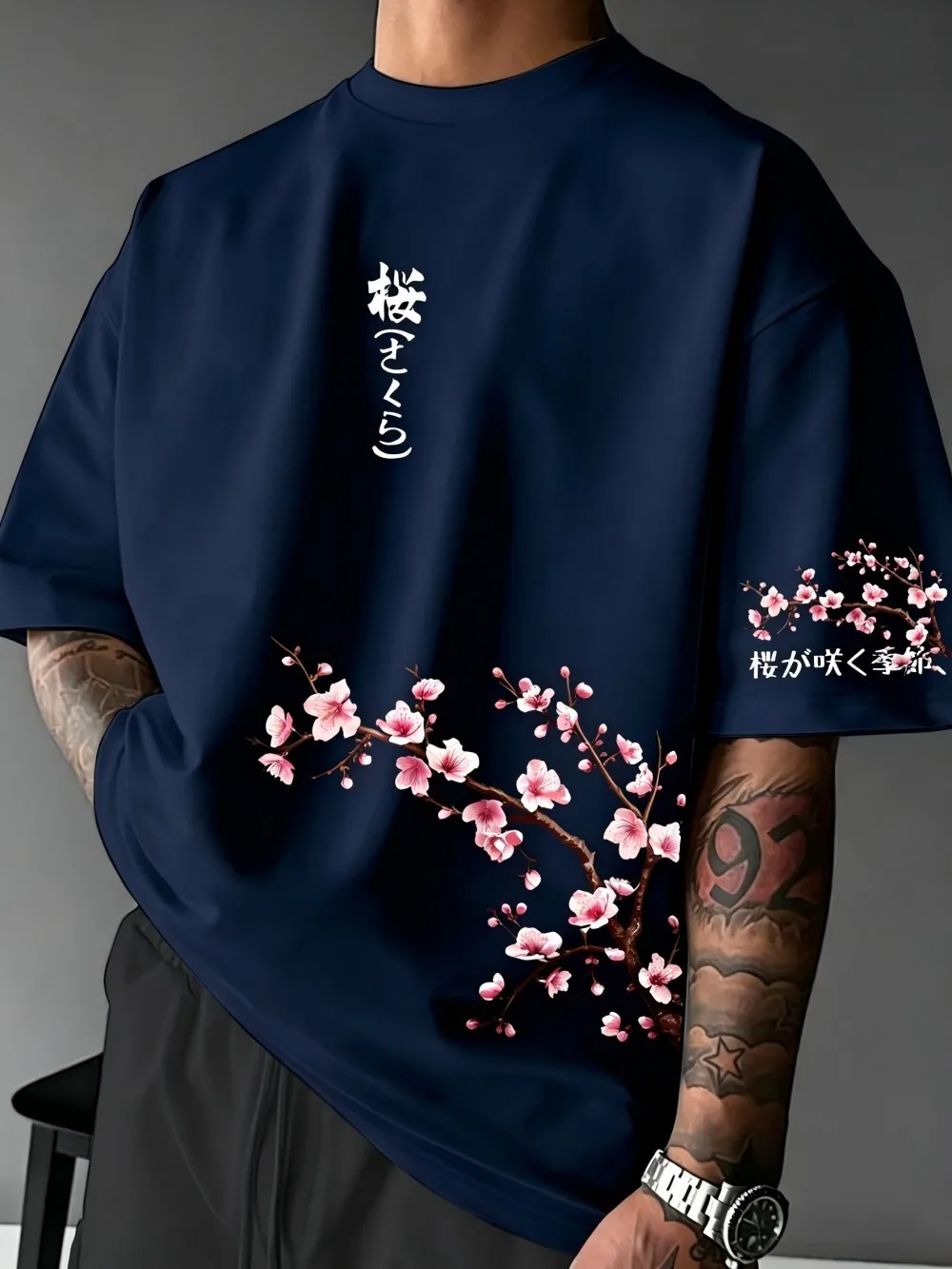New American men's summer creative cherry blossom letter print micro elastic breathable round neck T-shirt outdoor street top
