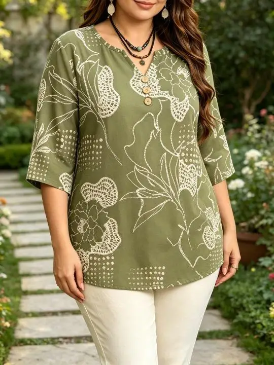 Women 3/4 Sleeve V‑Neck Blouse Button Decor Lace Outline Floral Dot Print Loose Casual Ladies Tops