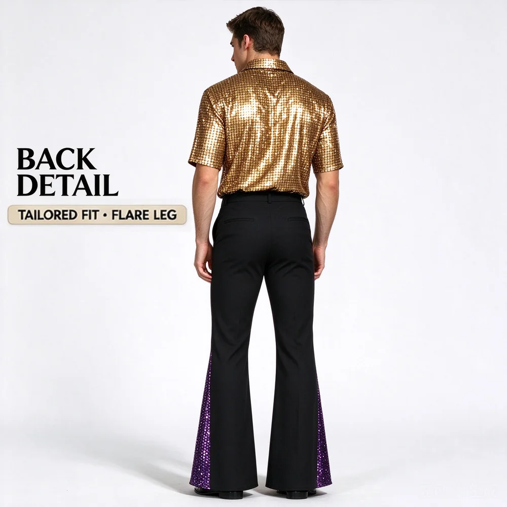 Men's Sequined Spliced Bell Bottom Pants Retro 70s Disco Halloween Carnival Party Nightclub Stage Performance Flared Trousers