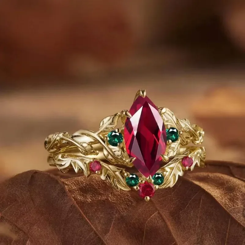 ins court style red horse eye zircon ring golen-plated inlaid colored  pair ring tree branch set ring female