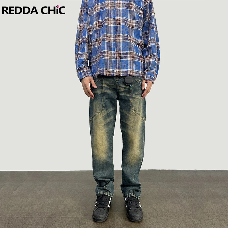 REDDACHIC Distressed Whiskers Baggy Jeans for Men Patchwork Vinage Wash Wide Leg Casual Pants Trousers Grunge Y2k Streetwear