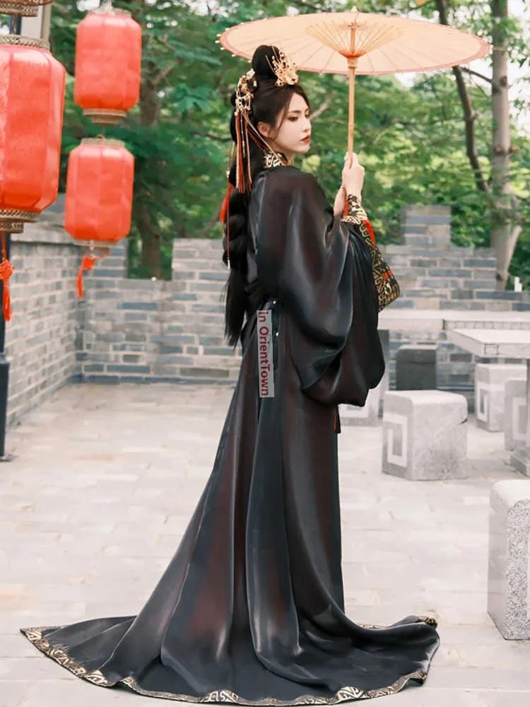 Women's Spring Summer Black Wide Sleeve Ancient Costume Immortal Heroine Hanfu Outfit Warring States Periods Double Layers Robe