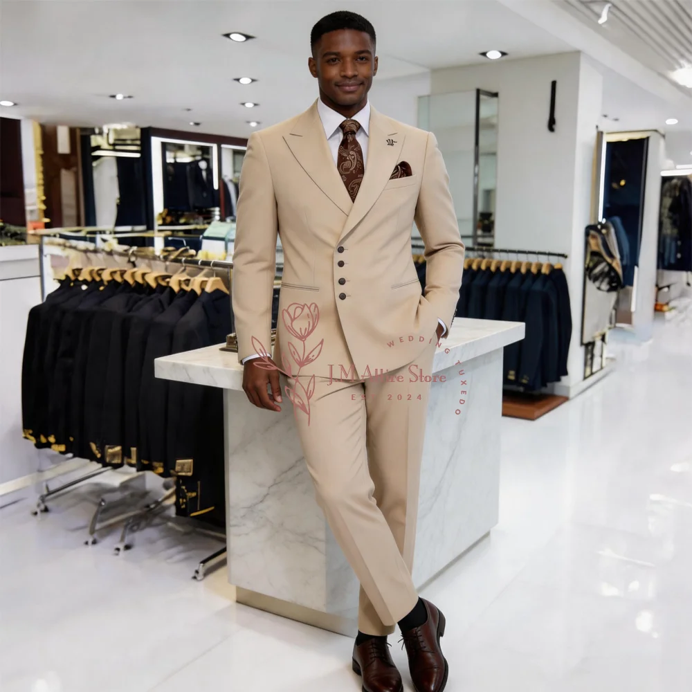 

Men's Formal Khaki 2-Piece Suit Custom Slim-Fit Peak Lapel Jacket and Trousers Set for Wedding Groom Attire Date Party Tuxedo